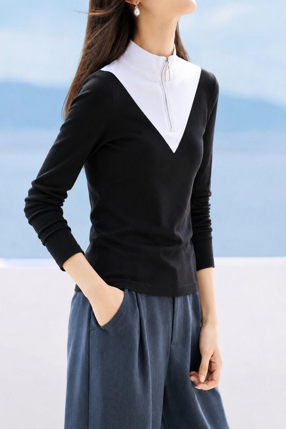 Elegant Commuter Contrast Half-Zip Stand Collar Slim Long-Sleeve Base Layer Top