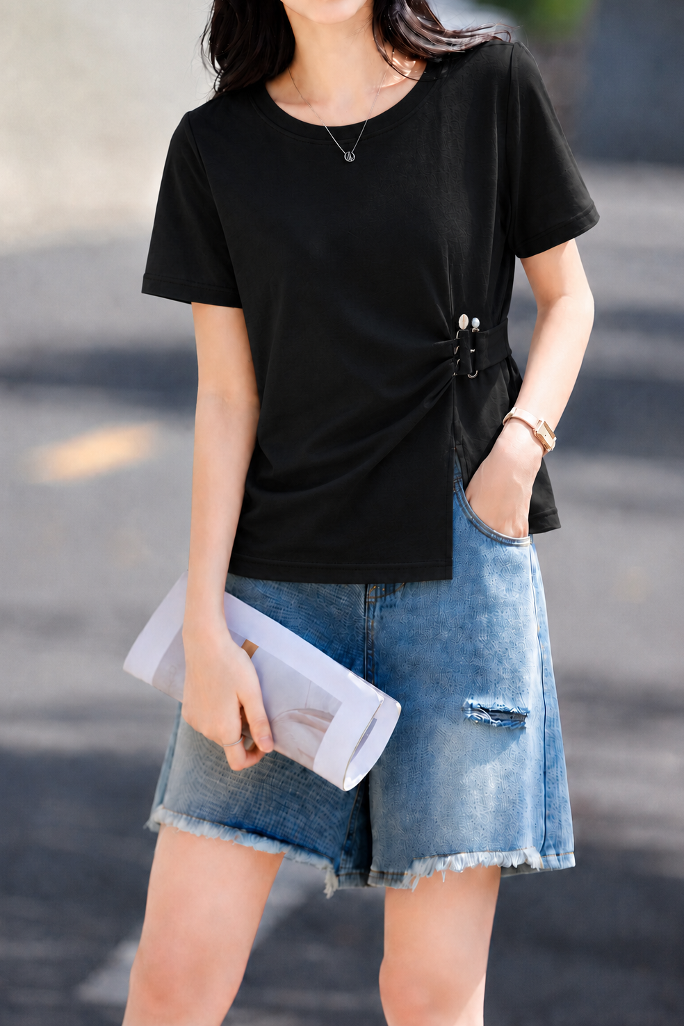 Casual Commuter Crew Neck U-Buckle Ring Waist-Cinched Irregular Plus-Size T-Shirt