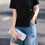 Casual Commuter Crew Neck U-Buckle Ring Waist-Cinched Irregular Plus-Size T-Shirt