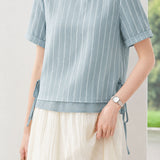 Elegant Commuter Vertical Striped Ruffled Side Drawstring Chiffon Top