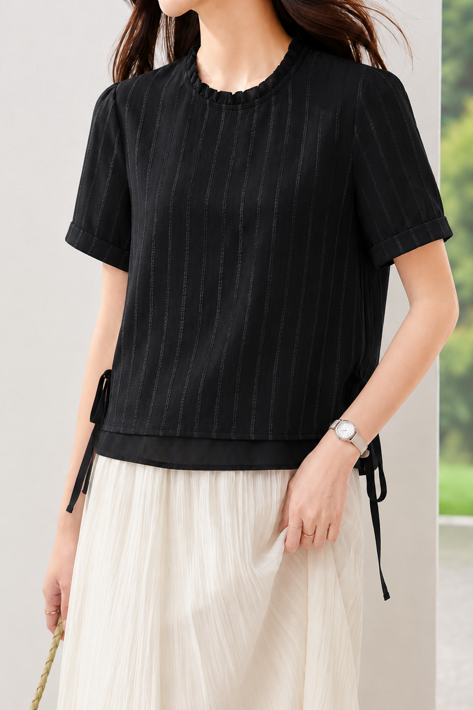 Elegant Commuter Vertical Striped Ruffled Side Drawstring Chiffon Top