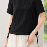 Elegant Commuter Vertical Striped Ruffled Side Drawstring Chiffon Top
