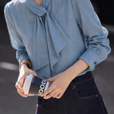 Elegant Plaid Flowy Tie Collar Chiffon Blouse