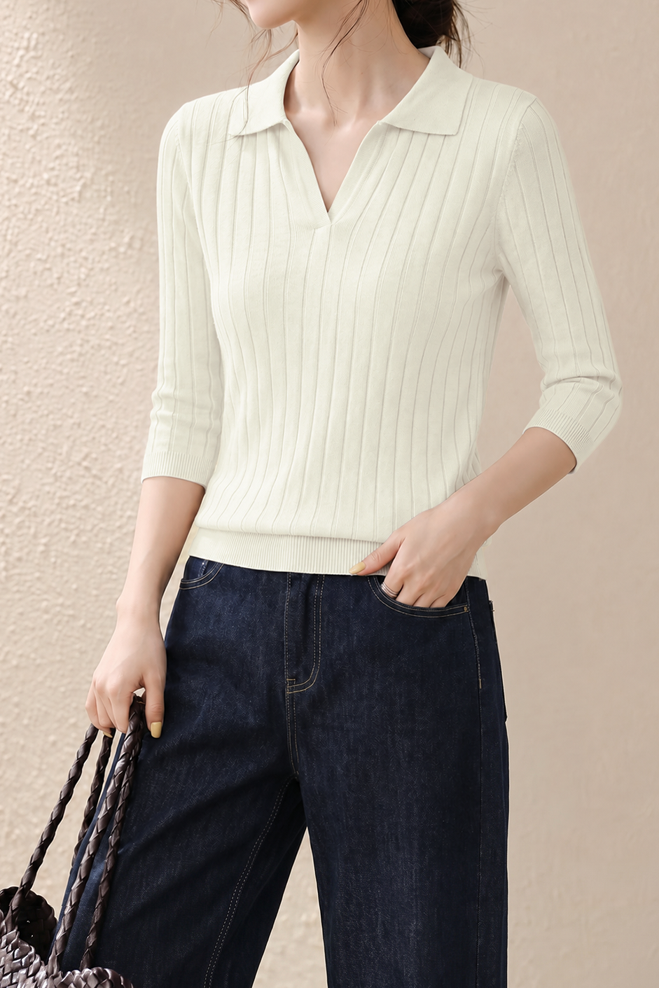 Casual Wide Ribbed Tie Lapel Knit Top