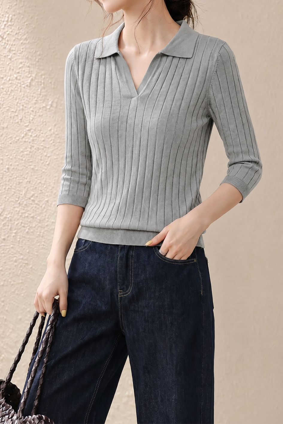 Casual Wide Ribbed Tie Lapel Knit Top