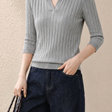 Casual Wide Ribbed Tie Lapel Knit Top