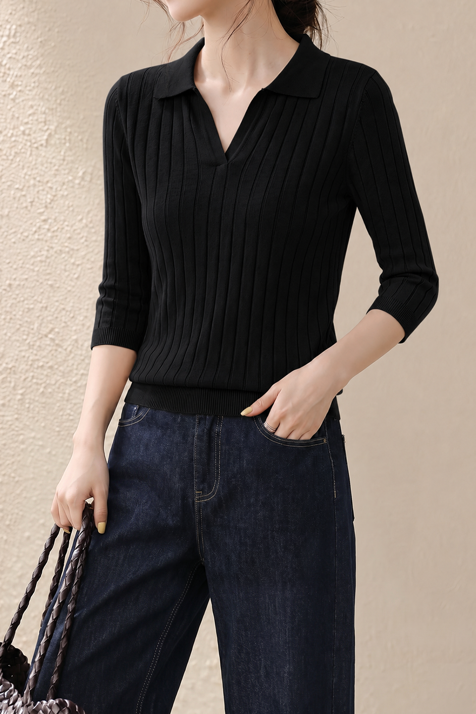 Casual Wide Ribbed Tie Lapel Knit Top