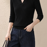 Casual Wide Ribbed Tie Lapel Knit Top