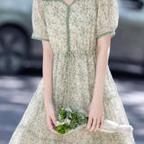 Fresh Lace Spliced Drawstring Floral Dress