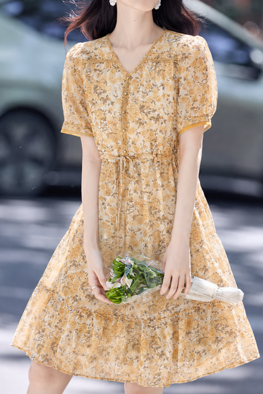 Fresh Lace Spliced Drawstring Floral Dress