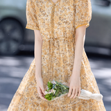 Fresh Lace Spliced Drawstring Floral Dress