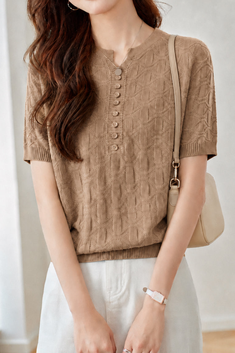 Casual Button Decorated Jacquard Knit Top