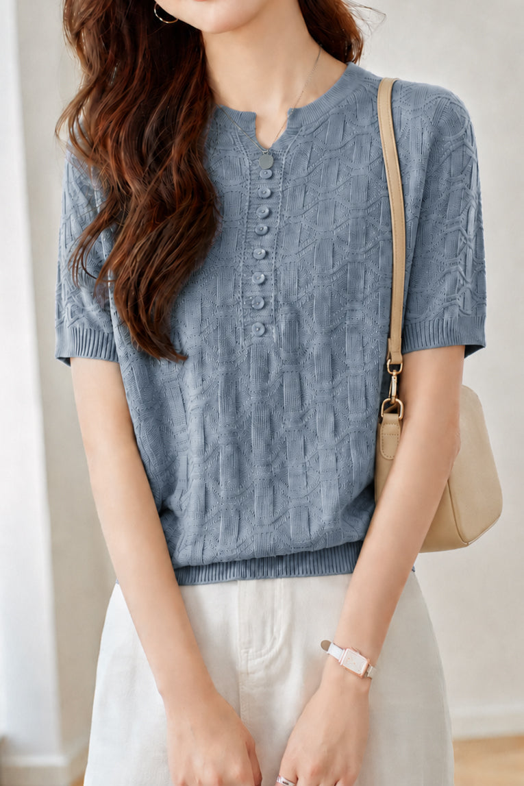Casual Button Decorated Jacquard Knit Top