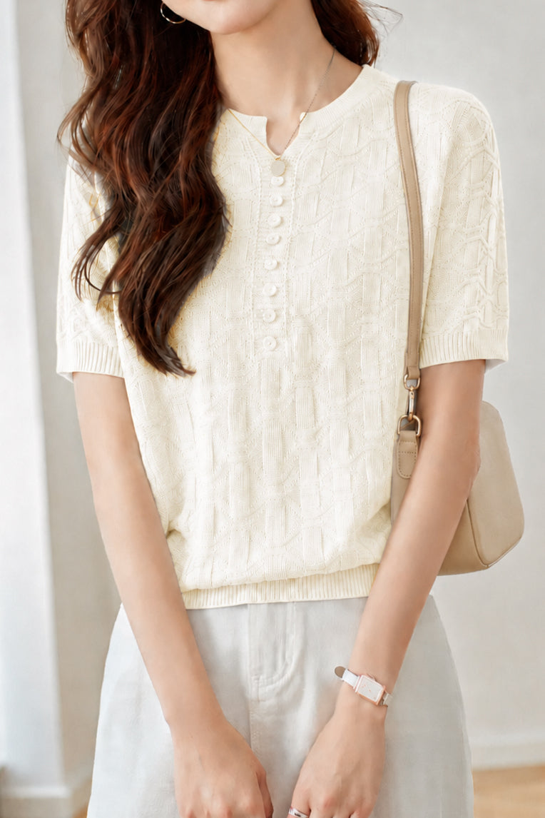 Casual Button Decorated Jacquard Knit Top