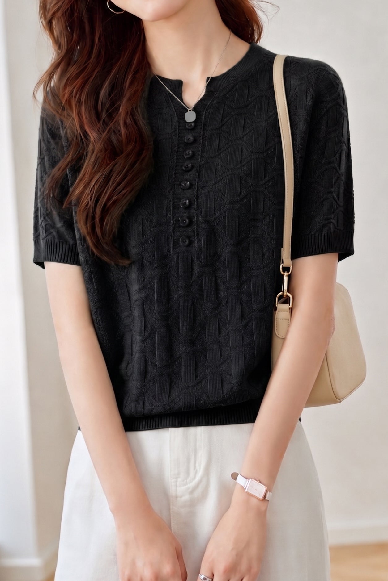 Casual Button Decorated Jacquard Knit Top