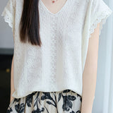 Fresh V-Neck Jacquard Ruffled Blouse