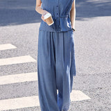 Casual Lapel Tie Waist Blouse And Trousers Two-Piece Set