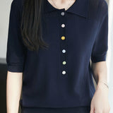 Elegant Commuter Lyocell Tencel Color Button Lapel Short-Sleeve Knit Top