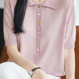 Elegant Commuter Lyocell Tencel Color Button Lapel Short-Sleeve Knit Top