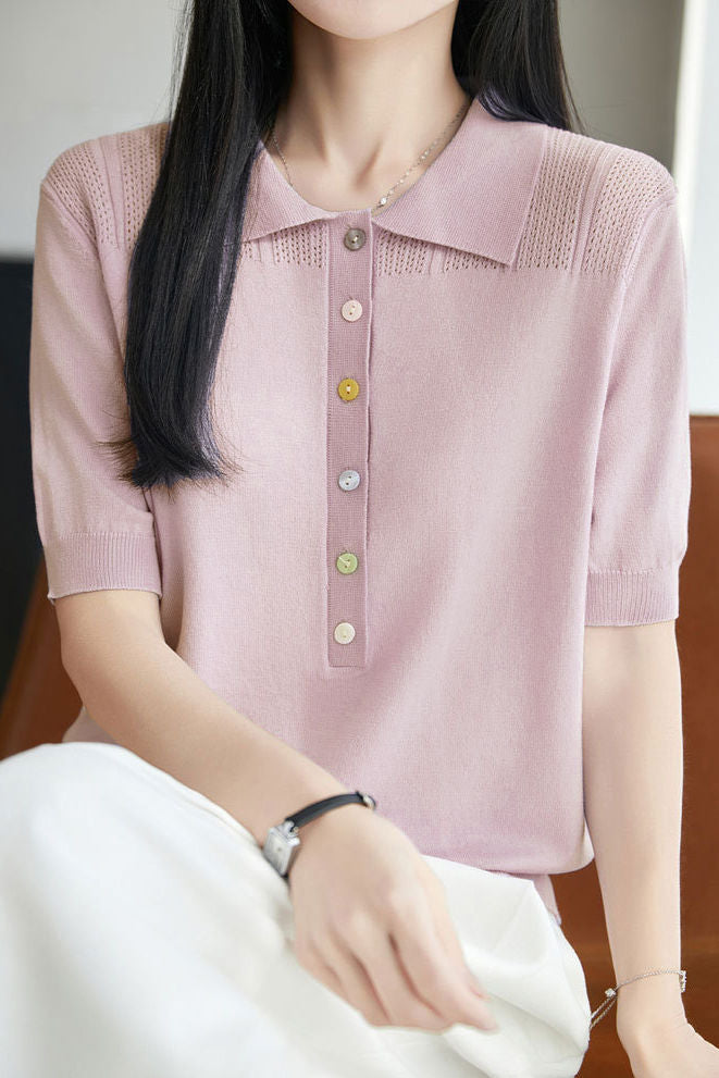 Elegant Commuter Lyocell Tencel Color Button Lapel Short-Sleeve Knit Top