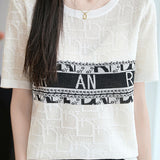 Elegant Commuter Crew Neck Jacquard Letter Short-Sleeve Knit T-Shirt