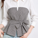 Elegant Commuter Bow Faux Two-Piece Plaid Blouse