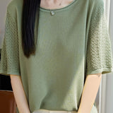 Elegant Tencel Lyocell Hollow-Out Cuffed Crew Neck Knit Top