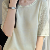 Elegant Tencel Lyocell Hollow-Out Cuffed Crew Neck Knit Top