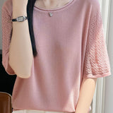 Elegant Tencel Lyocell Hollow-Out Cuffed Crew Neck Knit Top
