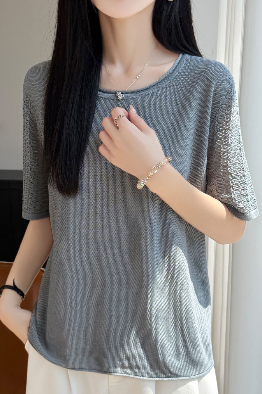 Elegant Tencel Lyocell Hollow-Out Cuffed Crew Neck Knit Top