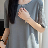Elegant Tencel Lyocell Hollow-Out Cuffed Crew Neck Knit Top