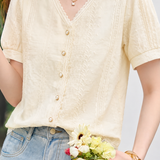 Elegant Wavy Ruffle Pearl Button Jacquard Blouse
