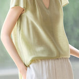 Commuter Ruched V-Neck Mulberry Silk Blend Blouse
