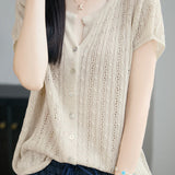 Casual Commuter Tencel Linen V-Neck Hollow-Out Short-Sleeve Knit Top