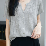 Casual Commuter Tencel Linen V-Neck Hollow-Out Short-Sleeve Knit Top