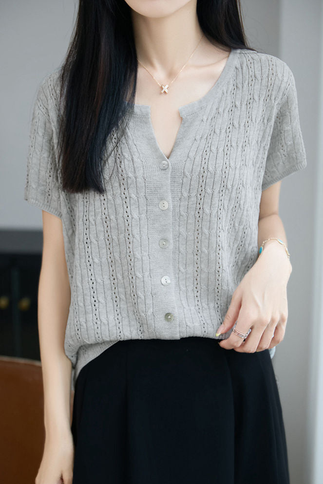 Casual Commuter Tencel Linen V-Neck Hollow-Out Short-Sleeve Knit Top