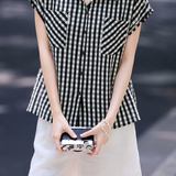 Elegant Commuter Lapel Button Plaid Short-Sleeve Blouse