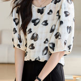 Exquisite Elegant Five-Quarter Sleeve Heart Print Chiffon Blouse