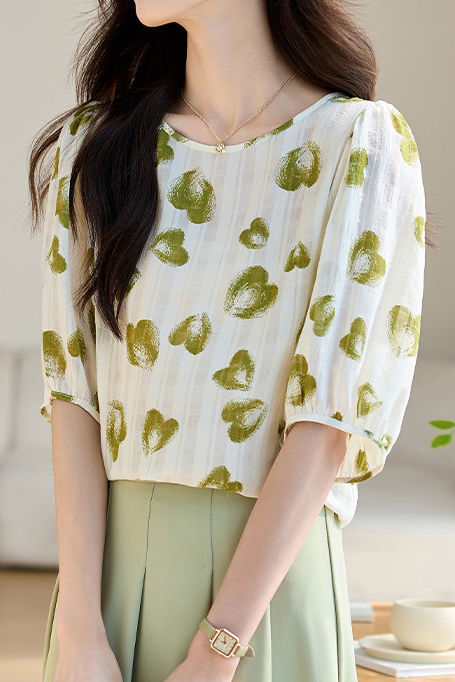 Exquisite Elegant Five-Quarter Sleeve Heart Print Chiffon Blouse