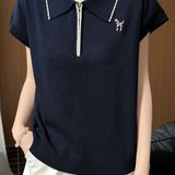 Elegant Commuter Contrast Trim Puppy Embroidery Half-Zip Knit T-Shirt