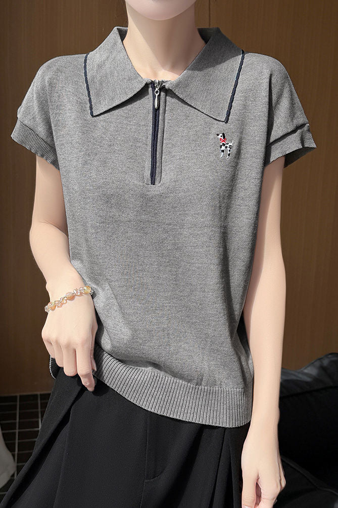 Elegant Commuter Contrast Trim Puppy Embroidery Half-Zip Knit T-Shirt