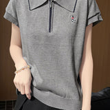 Elegant Commuter Contrast Trim Puppy Embroidery Half-Zip Knit T-Shirt