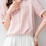 Casual Commuter Plaid Small Lapel Lantern Sleeve Blouse