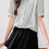 Casual Commuter Plaid Small Lapel Lantern Sleeve Blouse