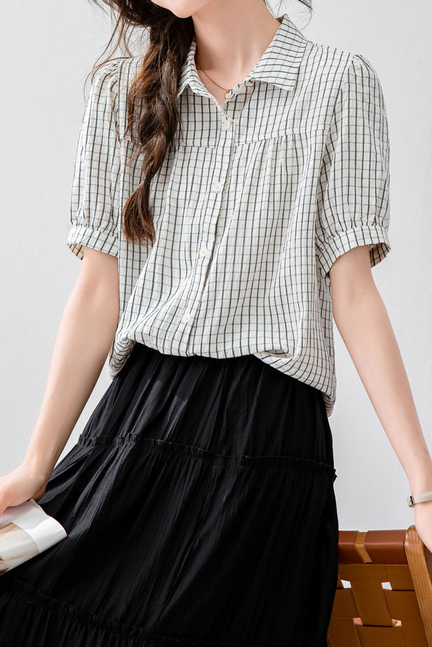 Casual Commuter Plaid Small Lapel Lantern Sleeve Blouse