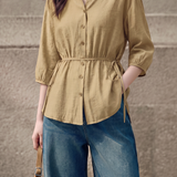 Elegant Commuter Tie Waist Lapel Seven-Quarter Sleeve Blouse