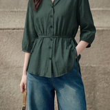 Elegant Commuter Tie Waist Lapel Seven-Quarter Sleeve Blouse