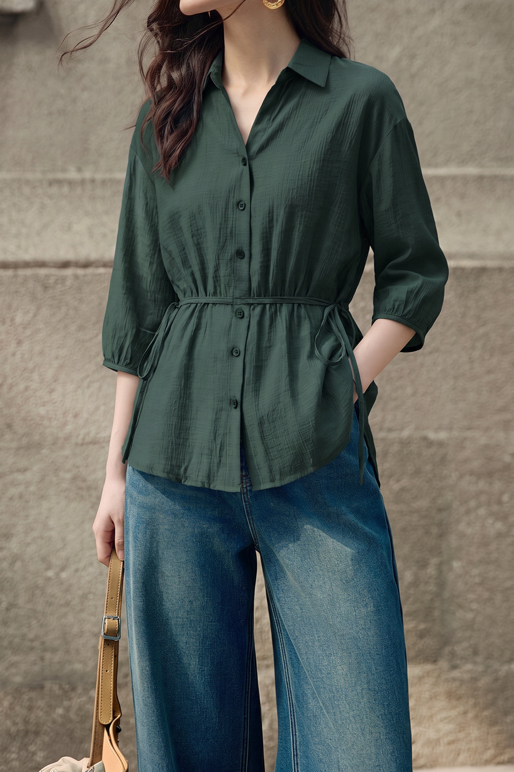 Elegant Commuter Tie Waist Lapel Seven-Quarter Sleeve Blouse