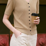 Elegant Commuter V-Neck Vertical Ribbed Knit Top