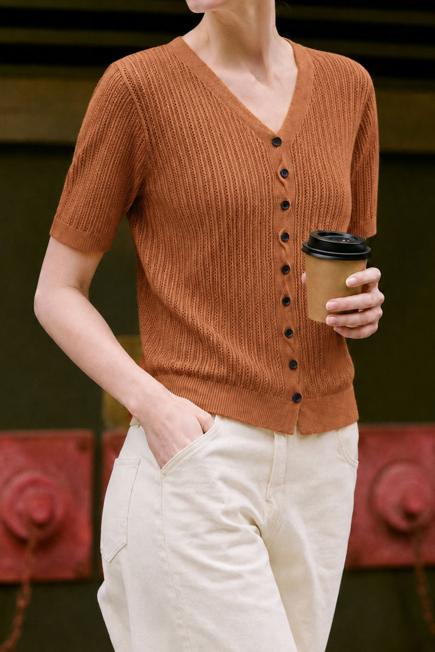 Elegant Commuter V-Neck Vertical Ribbed Knit Top
